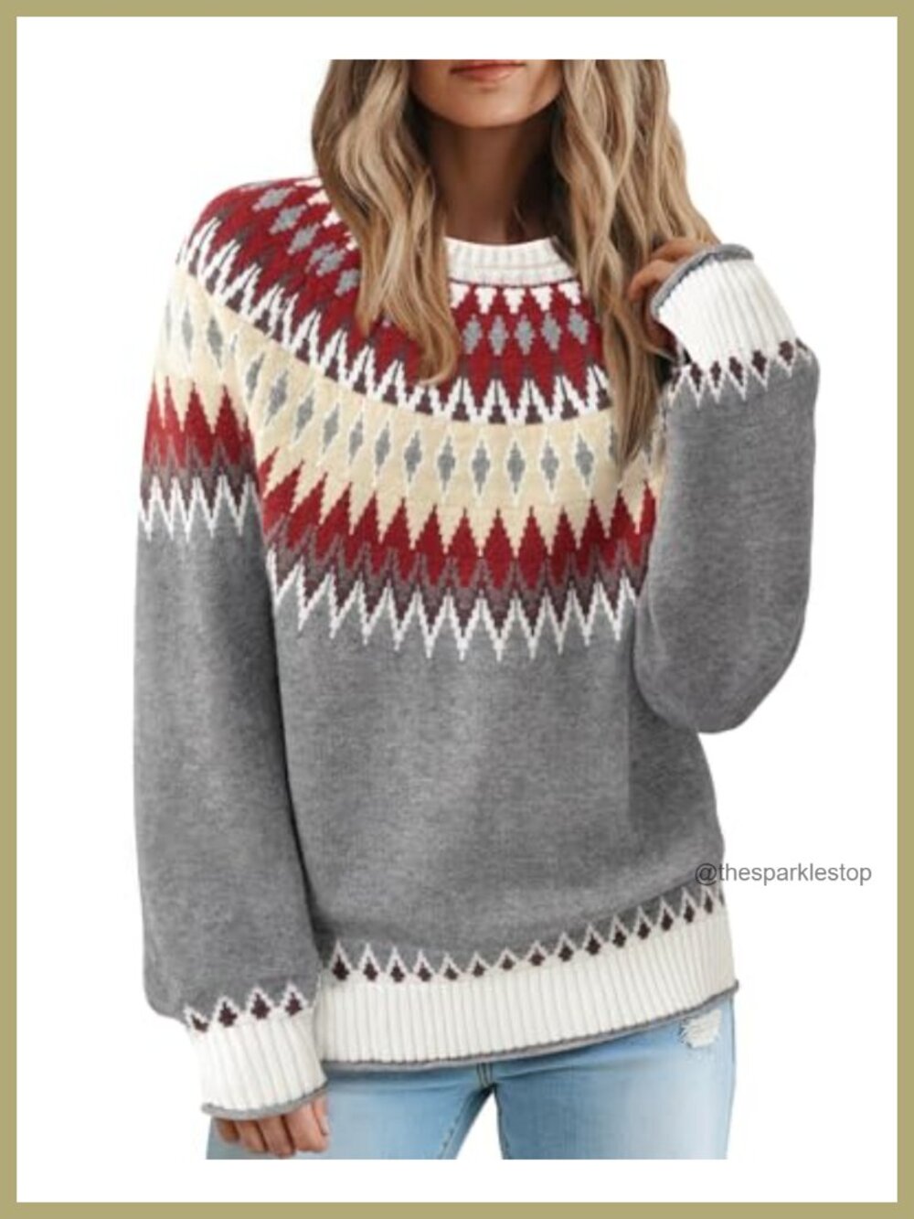 Fair Isle Sweater Women Vintage Color Block Cozy Knit Pullover